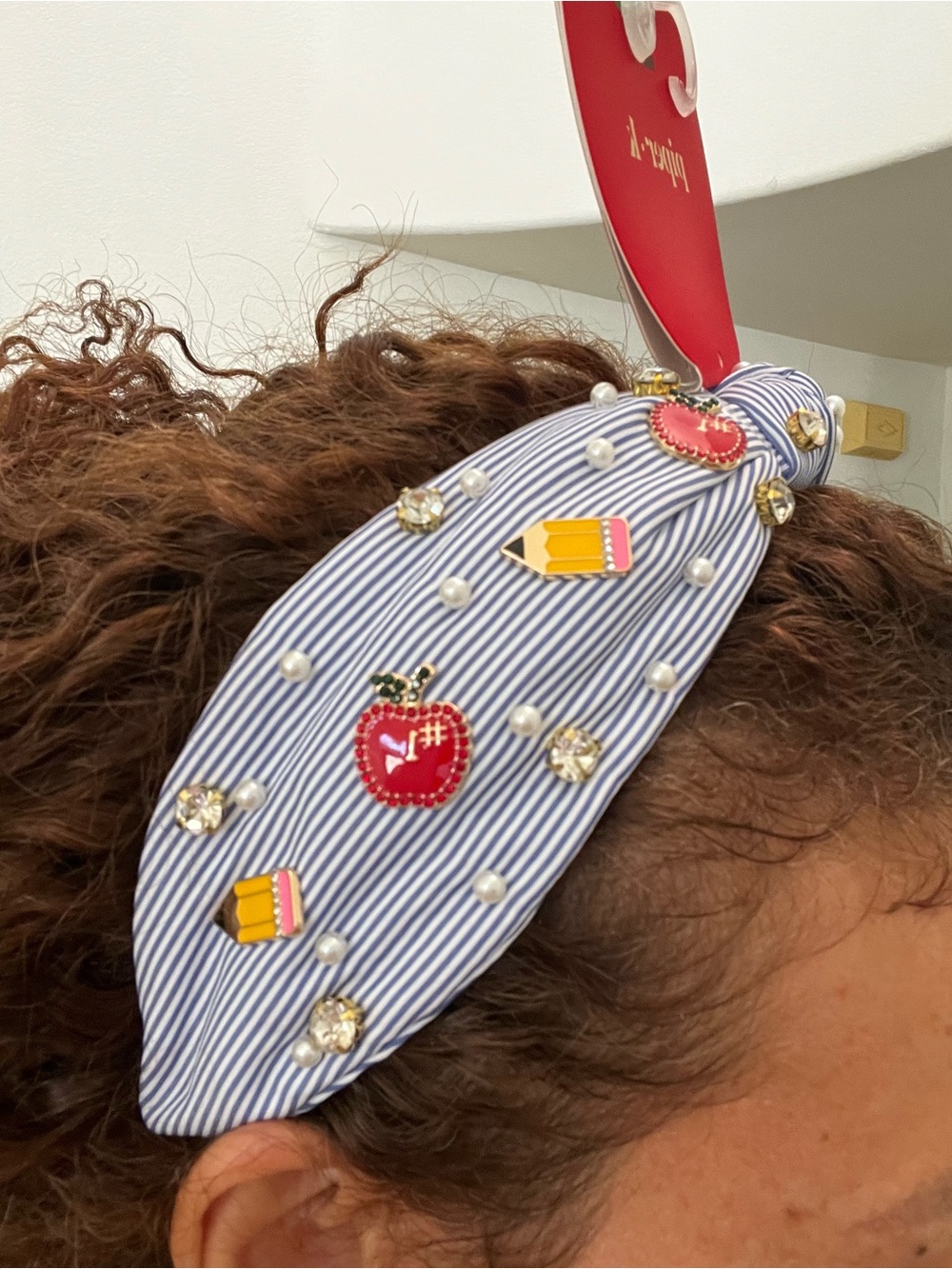 Piper K. Blue Striped Women Headband with Red Apple & Yellow Pencil Charms